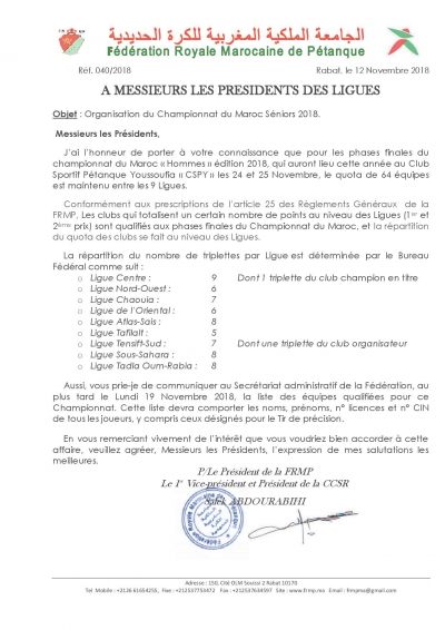quota des équipes par ligue participantes au Championnat du Maroc Seniors 2018